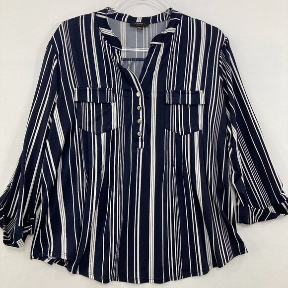 Cocomo size PXL Striped Split Neck Button Stretch Knit Rolled Sleeve Blouse - Picture 1 of 9